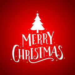 Merry Christmas lettering design for greeting card, banner, poster and invitation. Vector illustration isolated on red background.