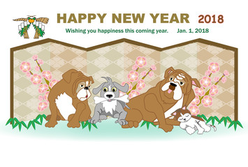 犬と梅の花のイラスト年賀状テンプレート　２０１８戌年