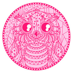 Mandala. Zentangle owl. Hand drawn circle zendala with abstract patterns on isolation background. Design for spiritual relaxation for adults. Line creation. Outline for tattoo, printing on t-shirts