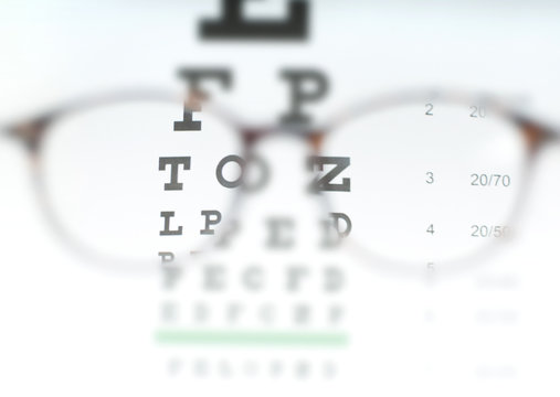 Eye vision test chart seen through eye glasses.