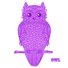 Owl. Design Zentangle. Detailed hand drawn vintage owl with abstract patterns on isolation background. Design for spiritual relaxation for adults. Outline for tattoo, printing on t-shirts, posters
