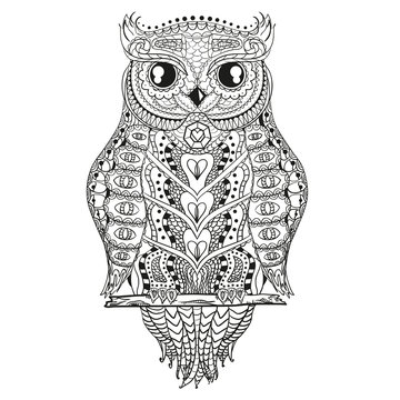 Owl. Design Zentangle. Detailed hand drawn vintage owl with abstract patterns on isolation background. Design for spiritual relaxation for adults. Outline for tattoo, printing on t-shirts, posters
