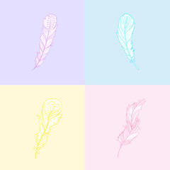 Seamless multicolored pattern. Hand drawn feather with abstract patterns. Abstract geometric wallpaper with feathers. Pastel colors