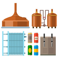 Beer brewing process alcohol factory production equipment mashing boiling cooling fermentation vector illustration.