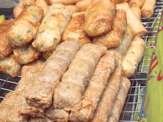 Fried and grilled Meat on sticks, Thai street food market