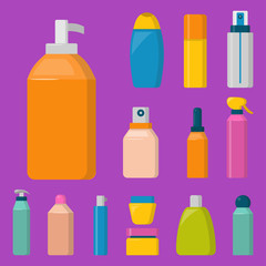 Bottles of cosmetic cosmetology lotion makeup beauty plastic liquid cream container fluid pack vector illustration.