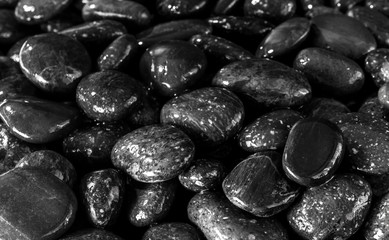 Round black stone on ground beside the waterfall