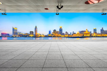 Empty square floor and modern city architecture scenery in Shanghai