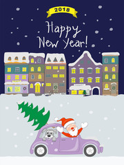 New year 2018 card with coming santa to night old city