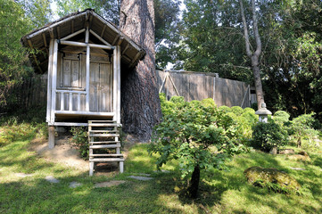 Japanese garden with a bamboo hut