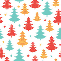 Vector green, yellow, red scattered christmas trees winter holiday seamless pattern. Great for fabric, wallpaper, packaging, giftwrap.