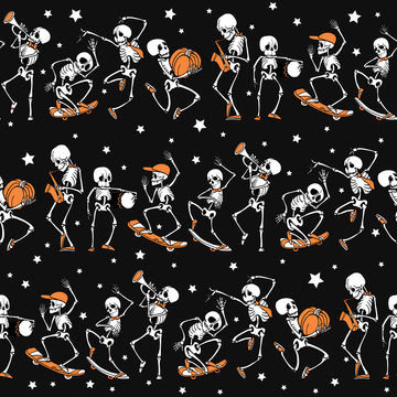 Vector black, orange dancing and skateboarding skeletons Haloween repeat pattern background. Great for spooky fun party themed fabric, gifts, giftwrap.