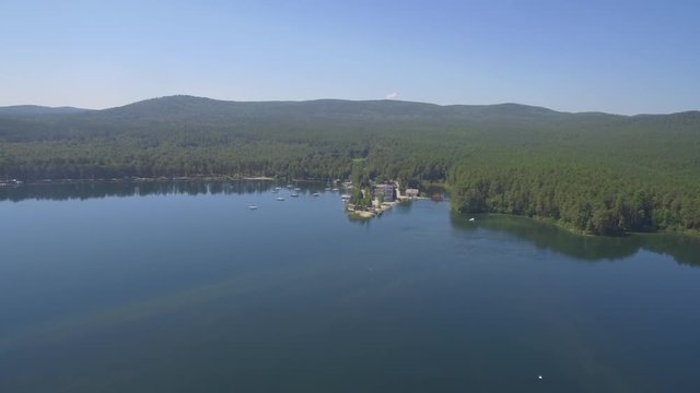 Lake, forest and boats in Harbour, Summer Colours. Sea and forest, landscape view on harbour aerial view