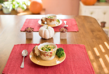 Fototapeta na wymiar Broccoli cheddar soup for lunch on an autumn day