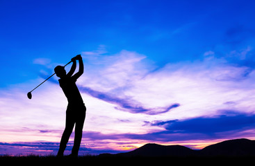 silhouette golfer playing golf during beautiful sunset
