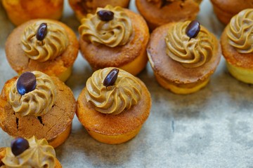 Mini coffee cupcakes with a coffee bean and coffee frosting