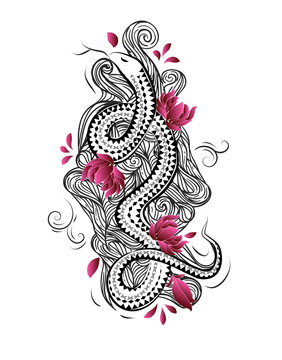 China style tattoo design with snake, flowers and waves.
