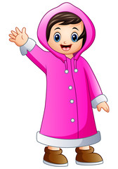 Cartoon girl in pink winter jacket waving