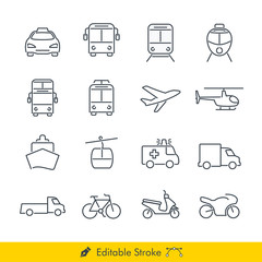 Simple Public Transport Icons / Vectors Set - In Line / Stroke Design with Editable Stroke