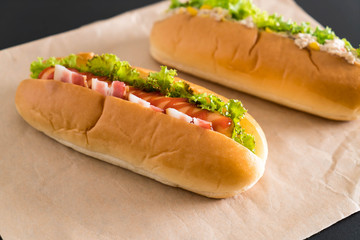 tuna corn salad hotdog and bacon sausage hotdog
