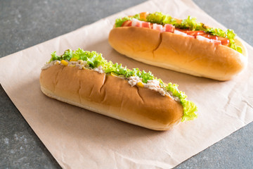 tuna corn salad hotdog and bacon sausage hotdog