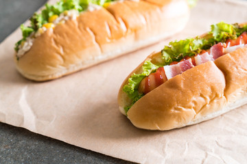 tuna corn salad hotdog and bacon sausage hotdog