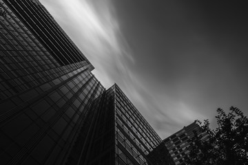 Black and white low angle view of skyscraper in Roppongi area, Tokyo, Japan