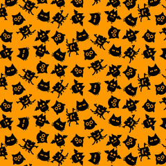 Black Owl Bat Cat and Demon of Halloween icons seamless pattern vector design concept on orange background