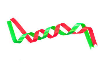 Beautiful green and red ribbon twist spiral isolated on white background.