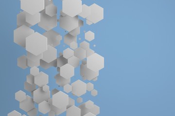 White hexagons of random size on blue background