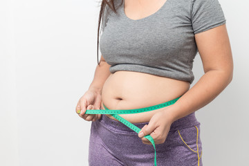 Overweight woman check out his body fat with green measuring tape for obesity on gray background,...