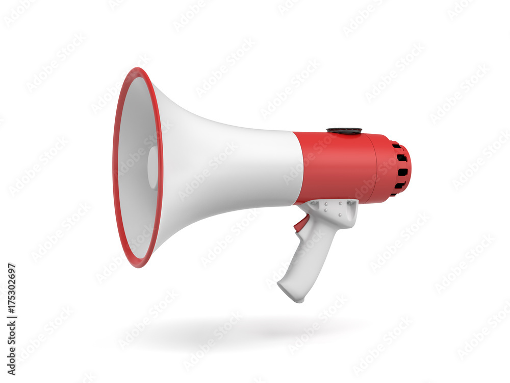 Poster 3d rendering of a single red and white megaphone in side view on white background.