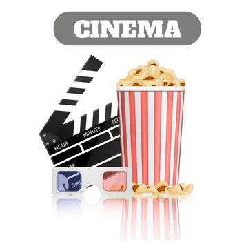 Cinema background with clapper board,popcorn and 3d glasses.Vector illustration.