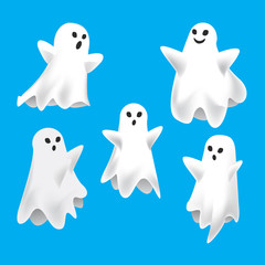 Cute White Ghost Set isolated in Blue Background. Halloween element Vector Design. Print