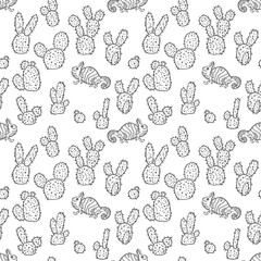 Vector Opuntia and Funny Chameleon Seamless Pattern on White. Tropical Cactus and Animal Background. Vector pattern with chameleons reptiles. Background with chameleons and cactuses.
