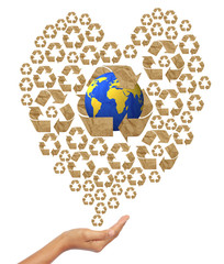 Save the world concept create by recycle paper craft stick heart