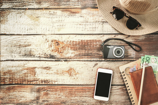 Traveler items vacation travel accessories holiday long weekend day off travelling stuff equipment background view concept