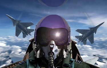 Fighter pilot cockpit view during sunrise - obrazy, fototapety, plakaty