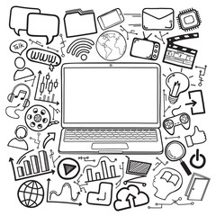 laptop with social media icon design doodle hand drawing. vector illustration.