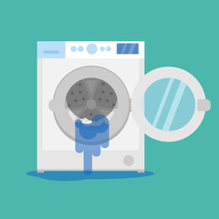 Broken washing machine with water  on floor. Calling the master. Vector illustration.