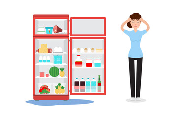 Broken fridge and sad woman with ther. Vector illustration.
