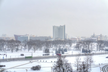 Minsk. View of the park Starostinskaya Sloboda. Snowfall