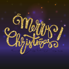 Merry Christmas golden lettering, shiny and glittering typography, handwriting text. Greeting card on a background of twinkling stars, template for your congratulations. 3D illustration.