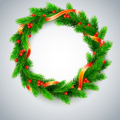 Fototapeta na wymiar Traditional Christmas wreath made of green fir branches with red berries of viburnum, Golden ribbon on a white background, 3D illustration