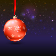 Christmas balls on the background with flash and Merry Christmas lights. Realistic bright balls with snowflakes. Greeting card with place for your text, 3D illustration.