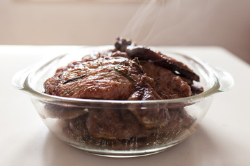 Pork steak and ribs dish. White background