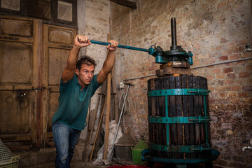 Shirtless winemaker farmer working on a traditional wine press 