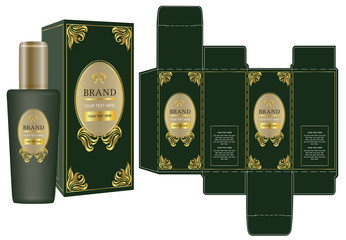 Packaging design, green and gold luxury box design template and mockup box. illustration vector