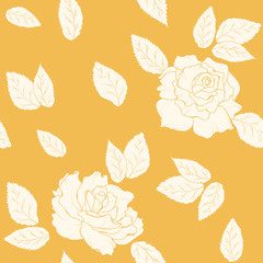 Rose flowers and leaves seamless pattern texture on bright orange yellow background. Summer autumn floral elements. Vector design illustration for fashion, fabric, textile, decoration, wrapping.