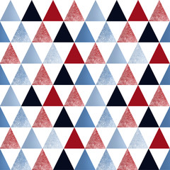 Seamless abstract geometric pattern. Red, blue, black triangles on a white background.